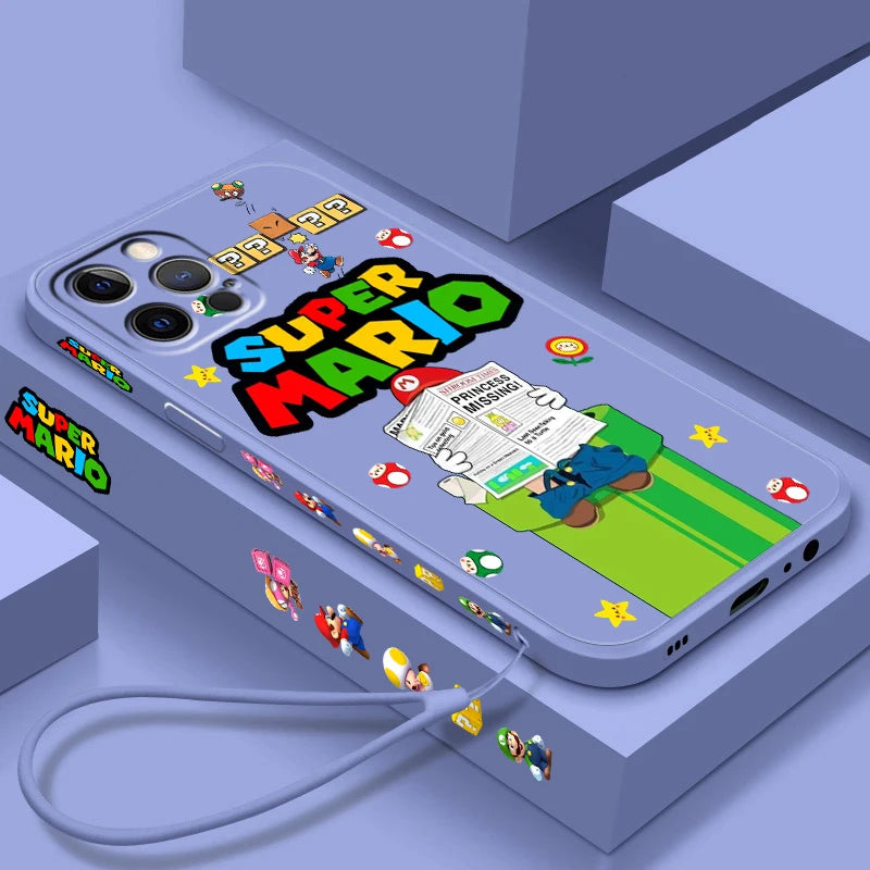 S-Super M-Marios B-Bros Cute Liquid Left Rope For Apple iPhone 15 14 13 12 11 XS XR X 8 7 SE Pro Max Plus Mini Funda Phone Case
