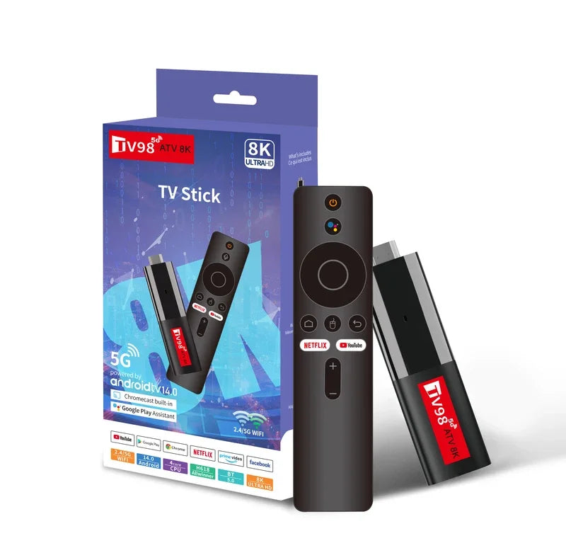 TV98 ATV Mini TV Stick Android 14 TV Stick HDR Set Top Box 8K Video WiFi 2.4/5G Streaming Smart TV Box for Network Media Player
