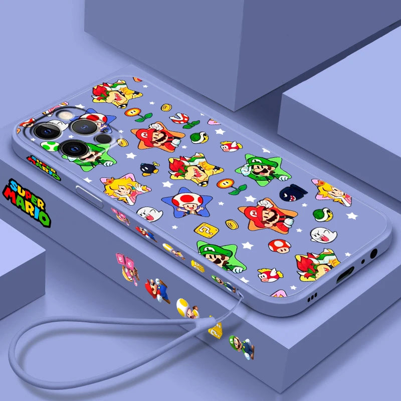 S-Super M-Marios B-Bros Cute Liquid Left Rope For Apple iPhone 15 14 13 12 11 XS XR X 8 7 SE Pro Max Plus Mini Funda Phone Case