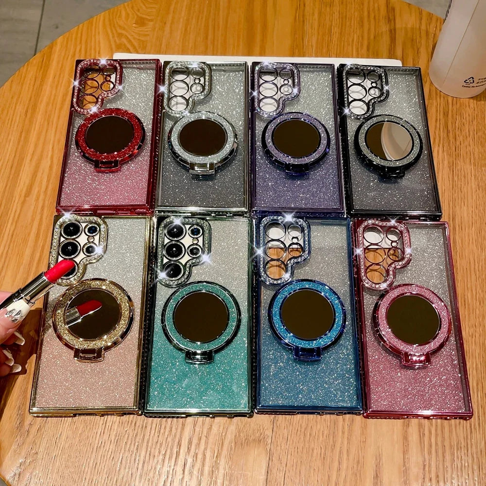 Luxury Diamond Clear Glitter Magsafe Case For Samsung Galaxy S25 S24 Ultra S23 S22 Plus Mirror Magnetic Phone Holder Stand Cover