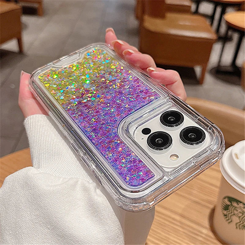 3in1 Gradient Glitter Bling Transparent Phone Case For iPhone 17 16 15 14 11 12 13 Pro Max Plus XR Heavy Shockproof Armor Cover