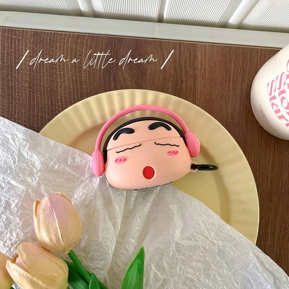 For Airpods 1 2 3 4 Pro Pro 2 Cartoon CrayonShin-chan Listen To Music Silicone Earphone Case Accessories Cover