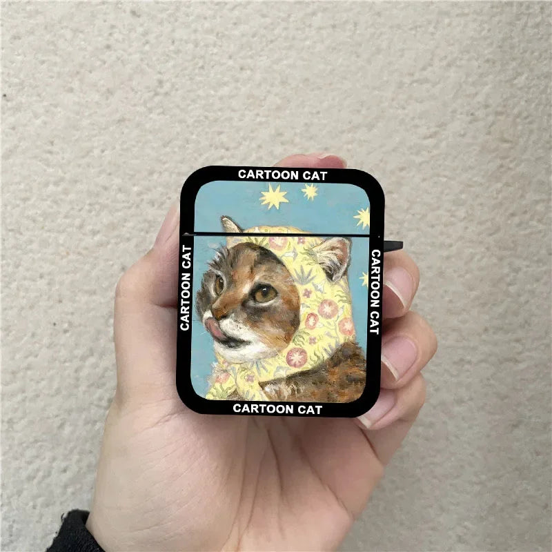 INS Korean Cartoon Oil Painting Cat Earphone Case For Airpods 1 2 3 4 Pro Wireless Headphone Cover For Air Pods Pro2 Accessories