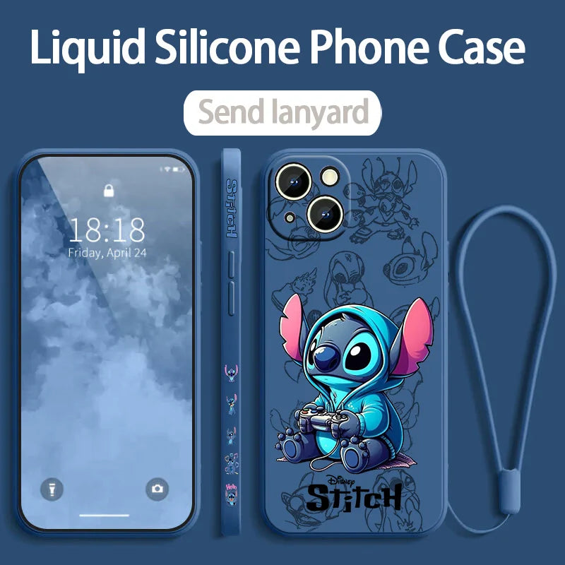 Stitch LOVE Flowers Cover For Apple iPhone 16 15 14 13 12 11 8 7 Pro mini Max Plus Liquid Left Rope Soft Phone Case