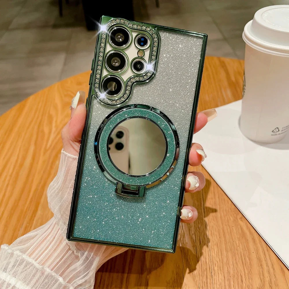 Luxury Diamond Clear Glitter Magsafe Case For Samsung Galaxy S25 S24 Ultra S23 S22 Plus Mirror Magnetic Phone Holder Stand Cover
