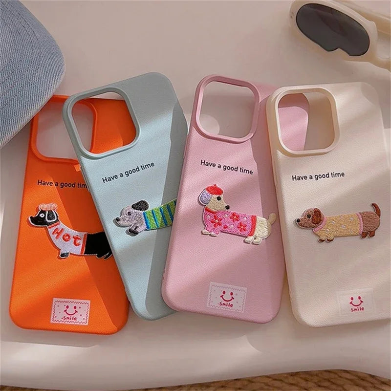 Korean Cute Cartoon Dachshund Litchi Pattern Phone Case For iPhone 15 14 13 12 16 Pro Max 11 Lovely Shockproof Soft Cover Funda