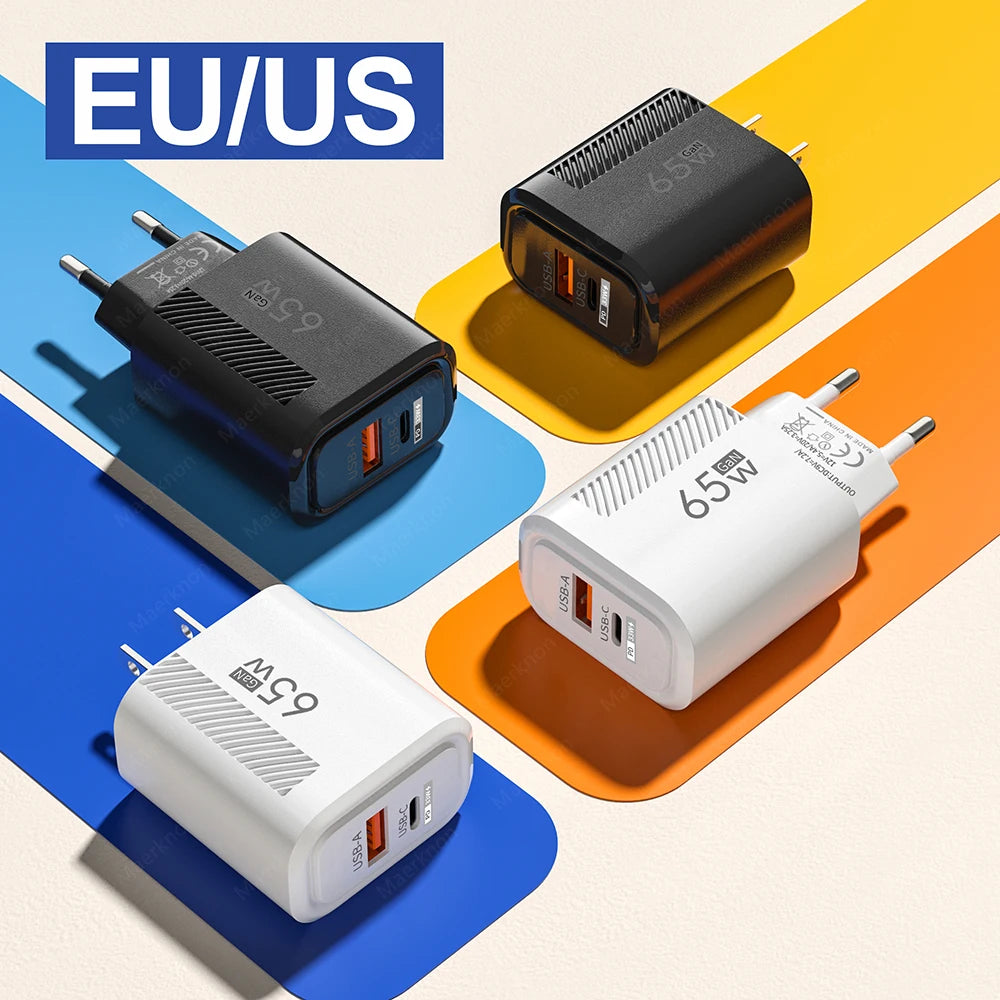 USB C GaN Charger 65W QC3.0 Fast Charging Phone Charger Adapter For iPhone Samsung Xiaomi Quick Charging EU/US Plug Wall Charger