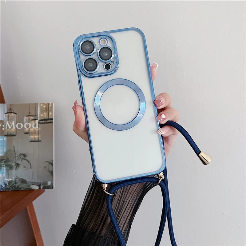 Plating Clear Magnetic For Magsafe Wireless Charging Cases For iPhone 16 15 14 17 12 13 Pro Max Crossbody Lanyard Necklace Cover