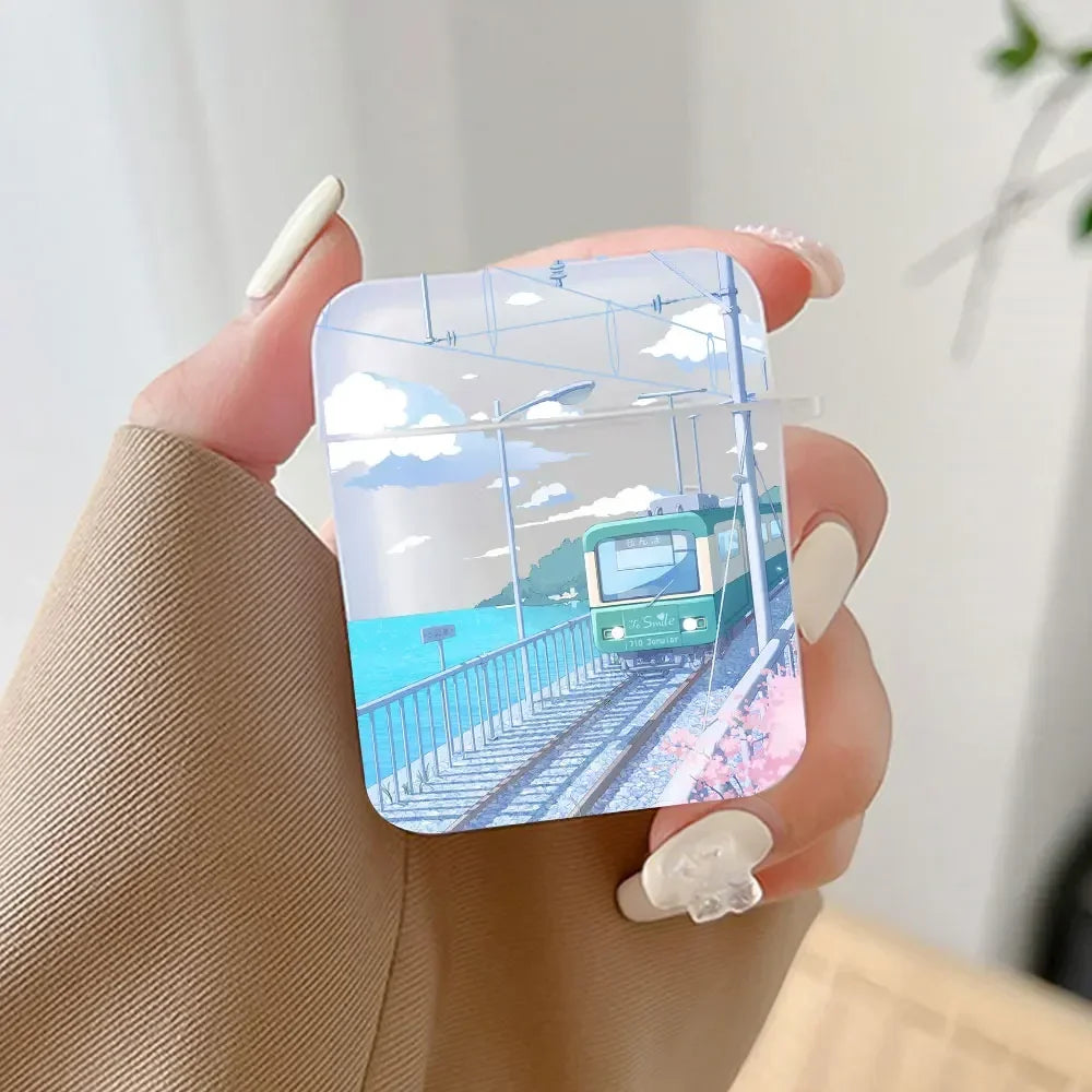 Korean Anime Sunset Scenery Print Earphone Case For Apple Air Pro 3 Transparent Cute Cover Soft Coque Airpods 2 1 4th Accessorie