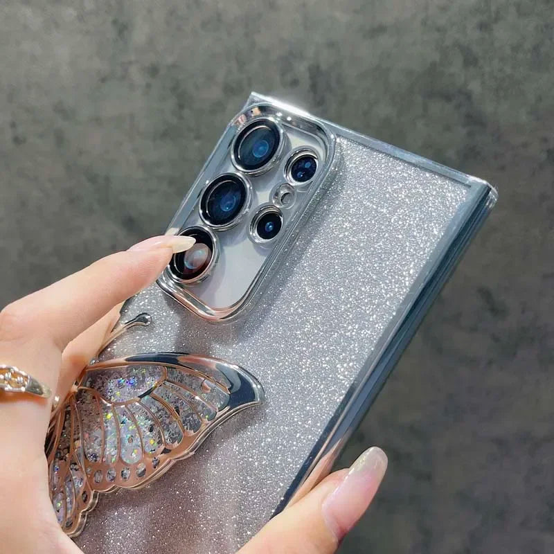 3D Glitter Butterfly Case for Samsung Galaxy S25 S24 S23 Plus Ultra FE A56 A36 A16 A06 A55 35 25 15 05S Clear Electroplate Cover