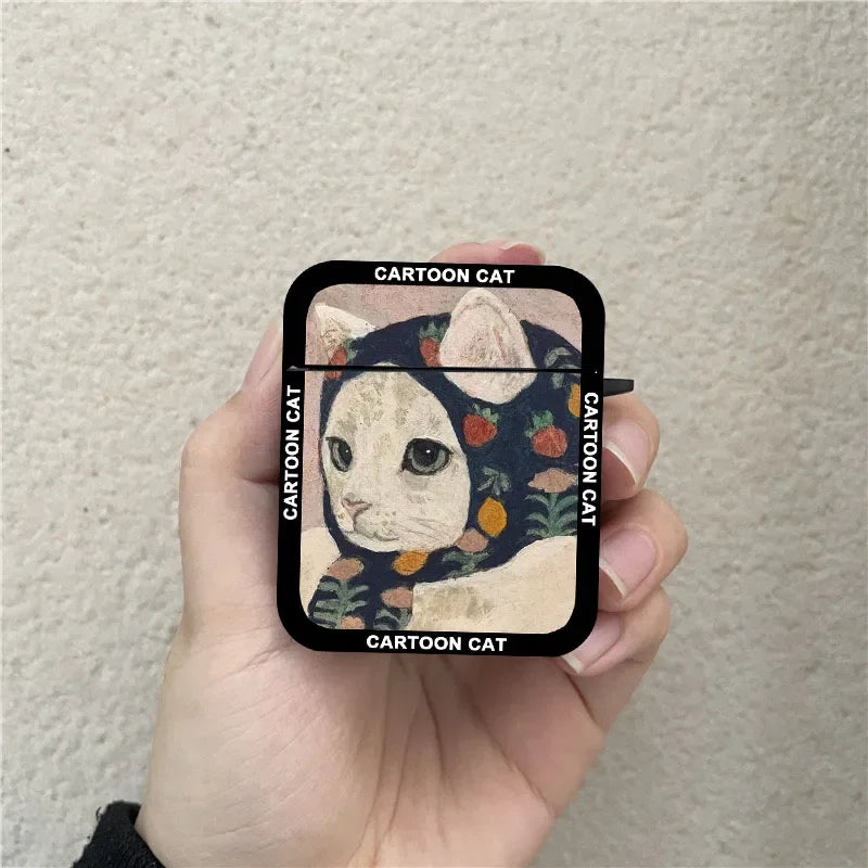 INS Korean Cartoon Oil Painting Cat Earphone Case For Airpods 1 2 3 4 Pro Wireless Headphone Cover For Air Pods Pro2 Accessories