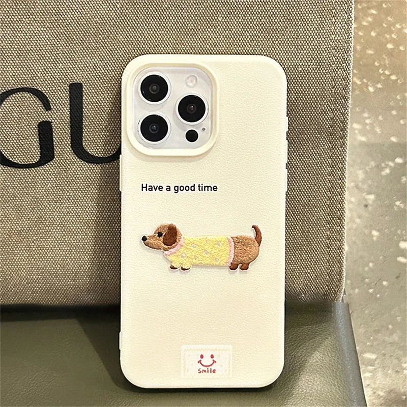 Korean Cute Cartoon Dachshund Litchi Pattern Phone Case For iPhone 15 14 13 12 16 Pro Max 11 Lovely Shockproof Soft Cover Funda