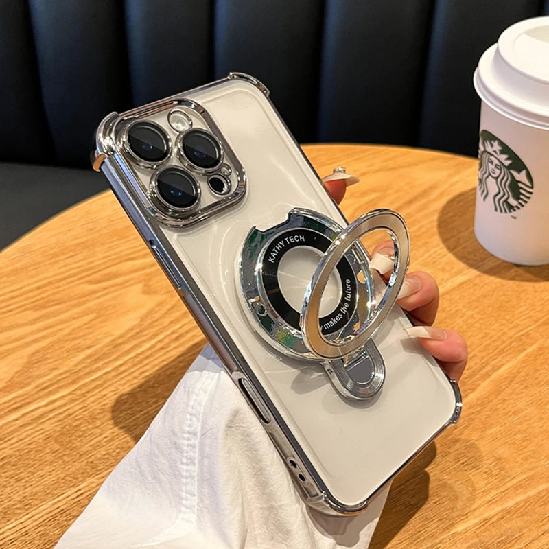 Luxury Plating Magsafe Wireless Charge Case For iPhone 17 Air 16 15 14 13 12 11 Pro Max Plus Clear Magnetic Stand Holder Cover