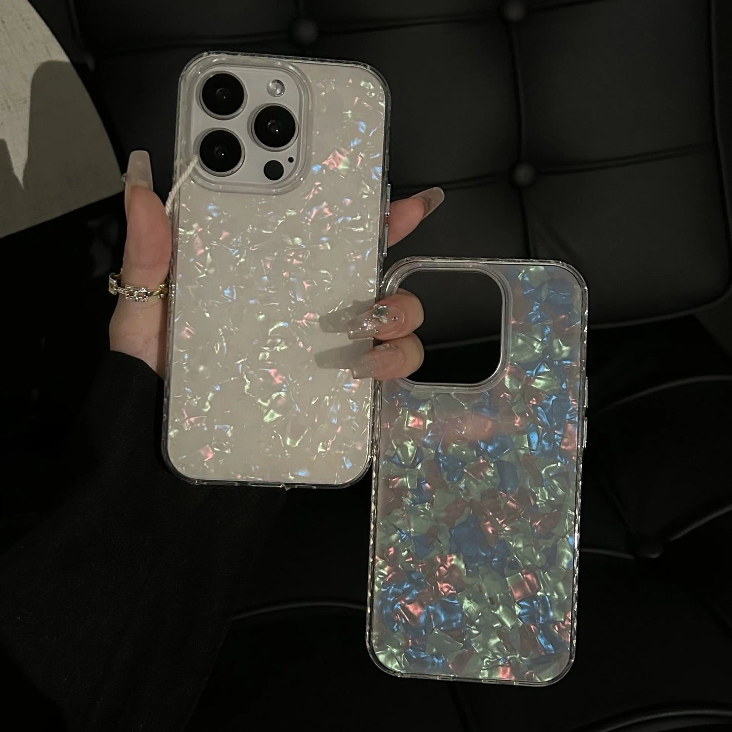 Luxury Glitter Dreamy Conch Shell Phone Case For iPhone 16 15 14 Plus 13 12 11 Pro Max Laser Marble Shiny Clear Bumper Cover