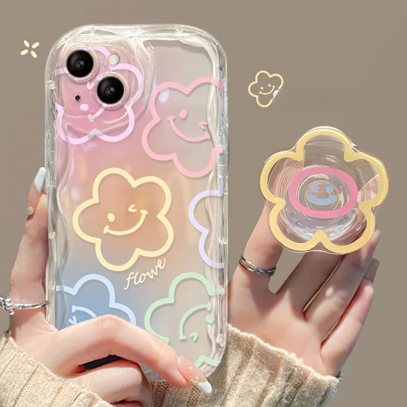 Floral Flower Bracket Case Cover for Samsung Galaxy S24 FE S25 S22 S23 Ultra Plus A56 A55 A35 A54 A15 A16 5G A05S A05 Wavy Shell