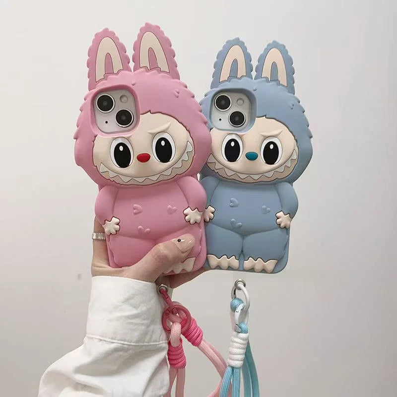 3D Cartoon Kawaii Monster Rabbit Soft Silicone Phone Case For iPhone 16 15 14 Plus 13 12 11 Pro Max 16promax With Lanyard Cover