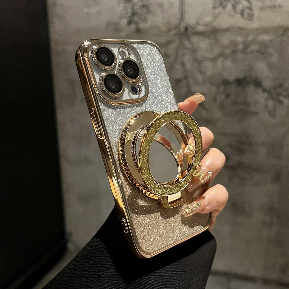 for Magsafe Glitter Mirror Gradient Case for iPhone 15 14 13 11 12 16 17 Pro Max Air Xr Xs 16 Plus Bracket Stand Make Up Cover