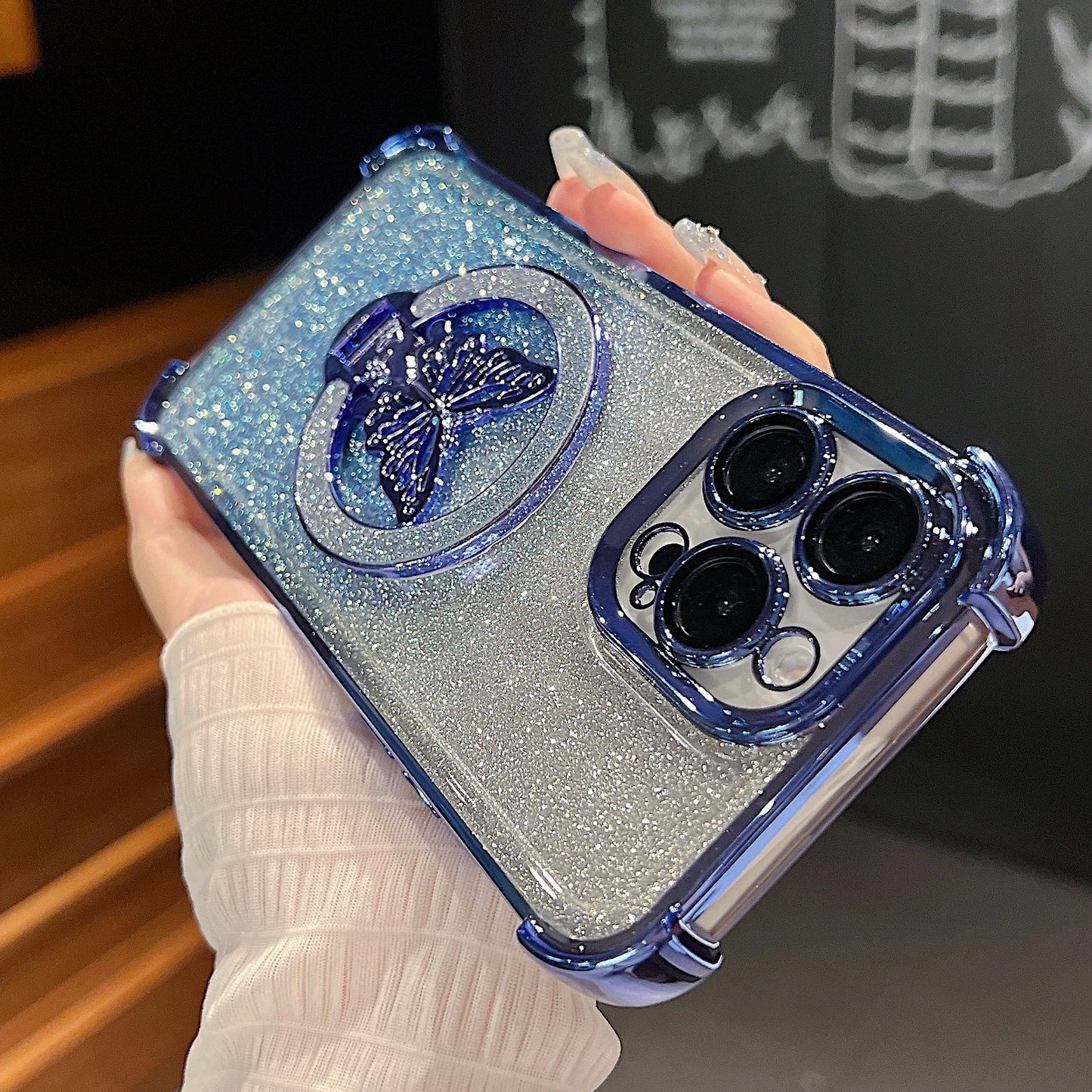 Luxury Butterfly Glitter Holder With Lens Film Phone Case For iPhone 11 12 13 14 15 16 Pro Max Plus Four Corner Anti Fall Cover