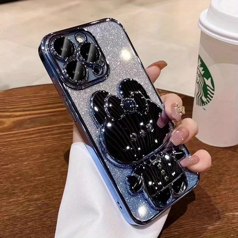 Glitter Gradient Plating Rabbit Mirror With Holder Case For iPhone 16 11 12 13 14 Plus 15 Pro Max Lens Protection Soft TPU Cover