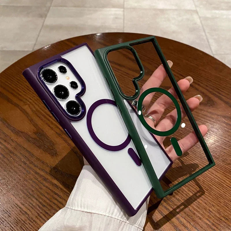 Luxury Magsafe Transparent Case For Samsung Galaxy S25 S24 S23 S22 Ultra Plus S24FE S23FE Wireless Charge Shockproof Cover