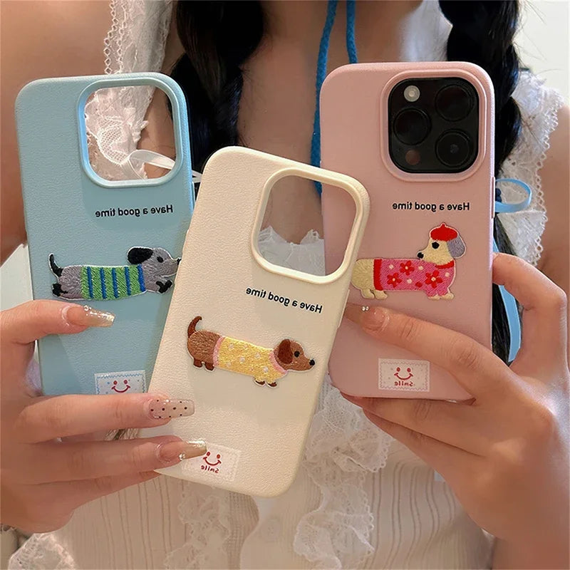 Korean Cute Cartoon Dachshund Litchi Pattern Phone Case For iPhone 15 14 13 12 16 Pro Max 11 Lovely Shockproof Soft Cover Funda