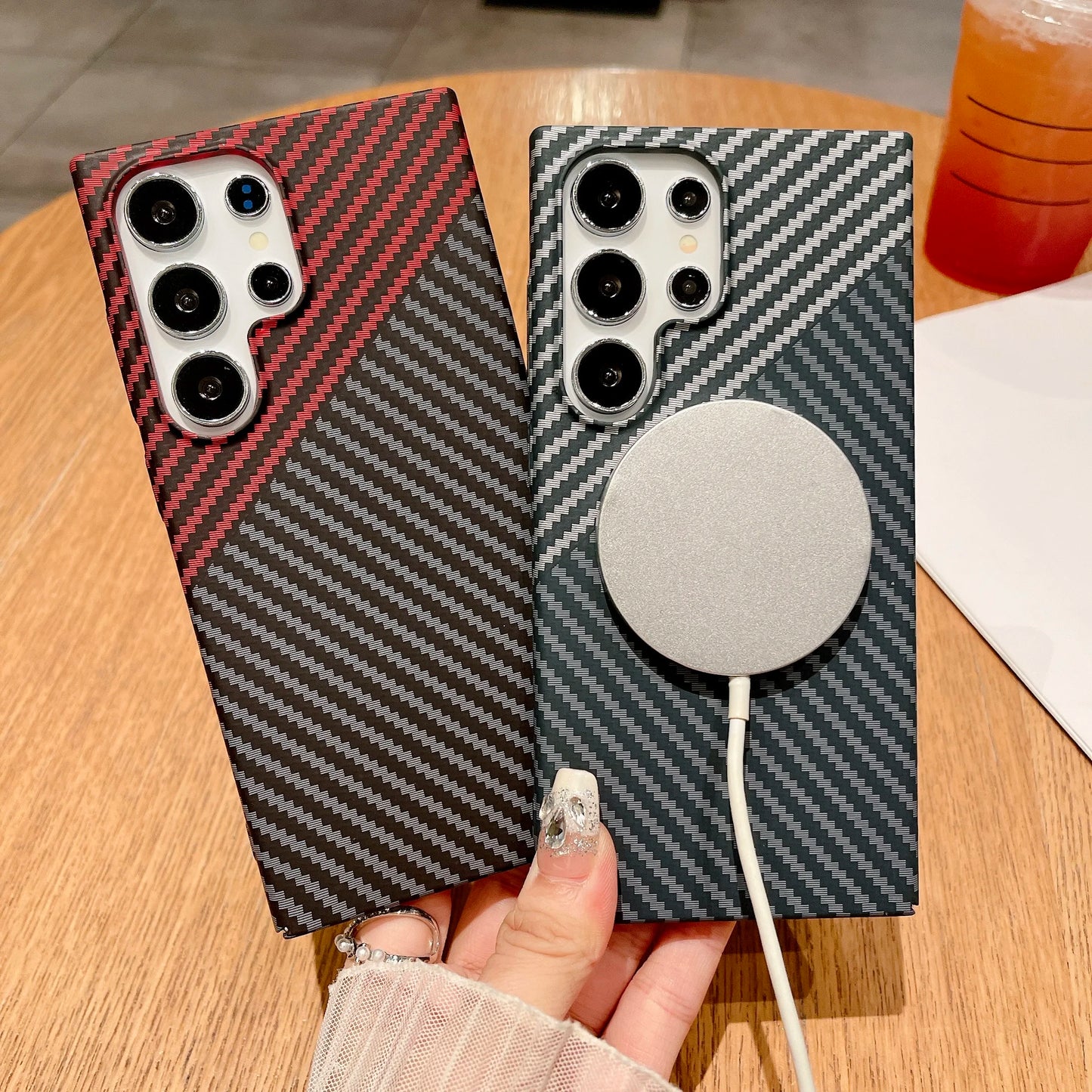 Carbon Fiber Texture Armor Magnetic For Magsafe Case For Samsung S25 S24 S23 S22 Note 20 Ultra 10 Plus A56 A16 A55 Hard PC Cover