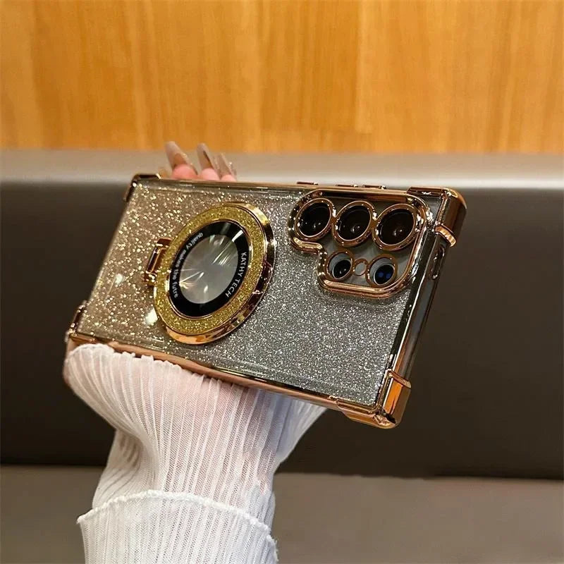Luxury Magnetic Plating Stand Shockproof Glitter Case for Samsung Galaxy S25 Edge S24 Ultra S23 S22 Plus S21 S20 FE Clear Cover