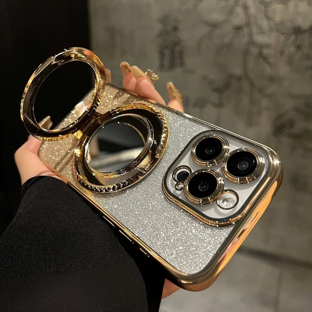 for Magsafe Glitter Mirror Gradient Case for iPhone 15 14 13 11 12 16 17 Pro Max Air Xr Xs 16 Plus Bracket Stand Make Up Cover
