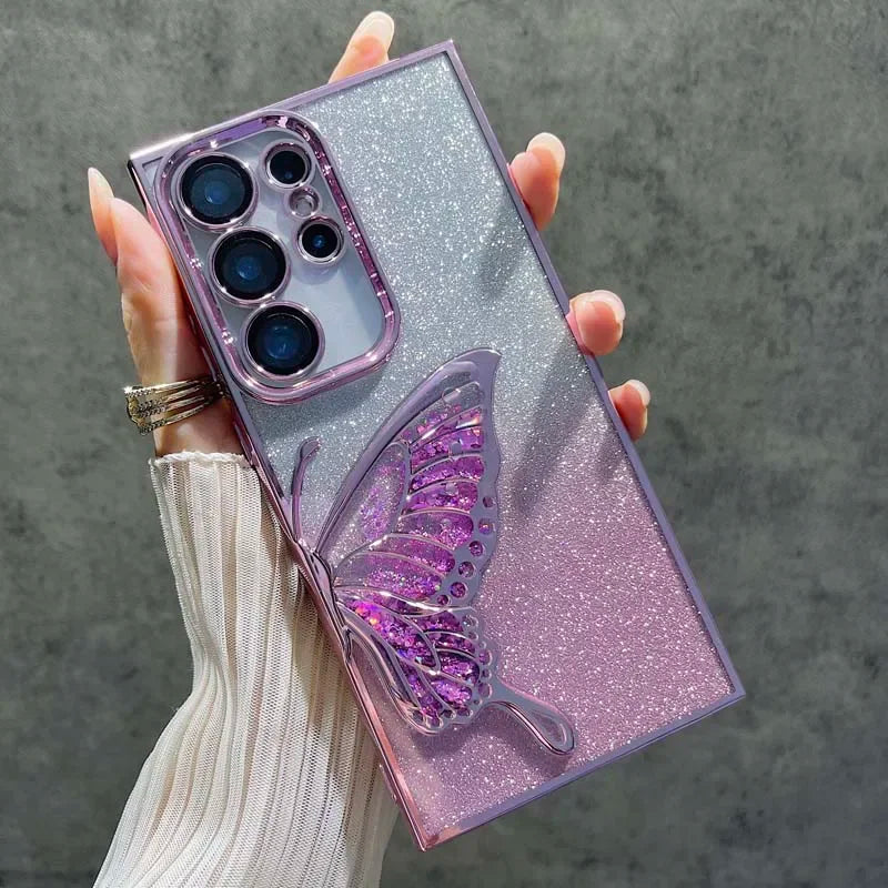 3D Glitter Butterfly Case for Samsung Galaxy S25 S24 S23 Plus Ultra FE A56 A36 A16 A06 A55 35 25 15 05S Clear Electroplate Cover