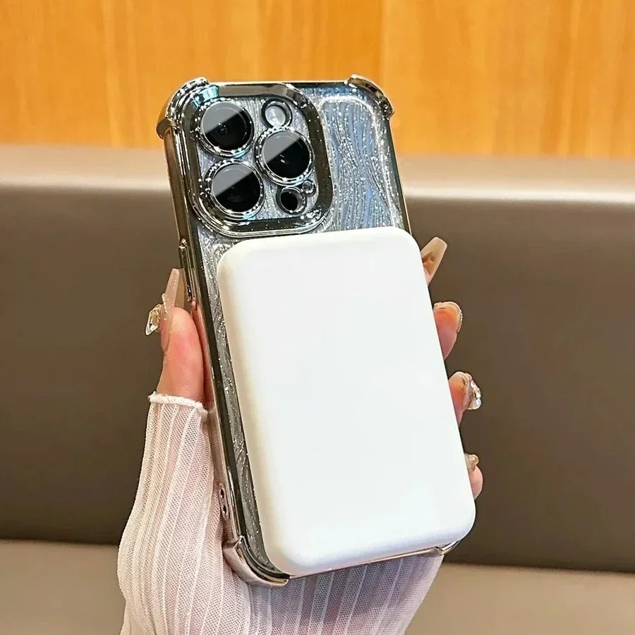 Glitter Water Ripple Logo Hole Magnetic Stand Case for iPhone 17 Air 17 16 15 14 13 12 11 Pro Max Plus Airbag Shockproof Cover