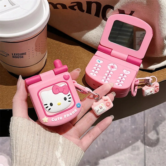 For AirPods 4 3 2 1 Pro Pro2 Earphone Case 3D Hello Kitty Retro CellPhone Silicone Cartoon Headphone Box With Mirror KT Cover