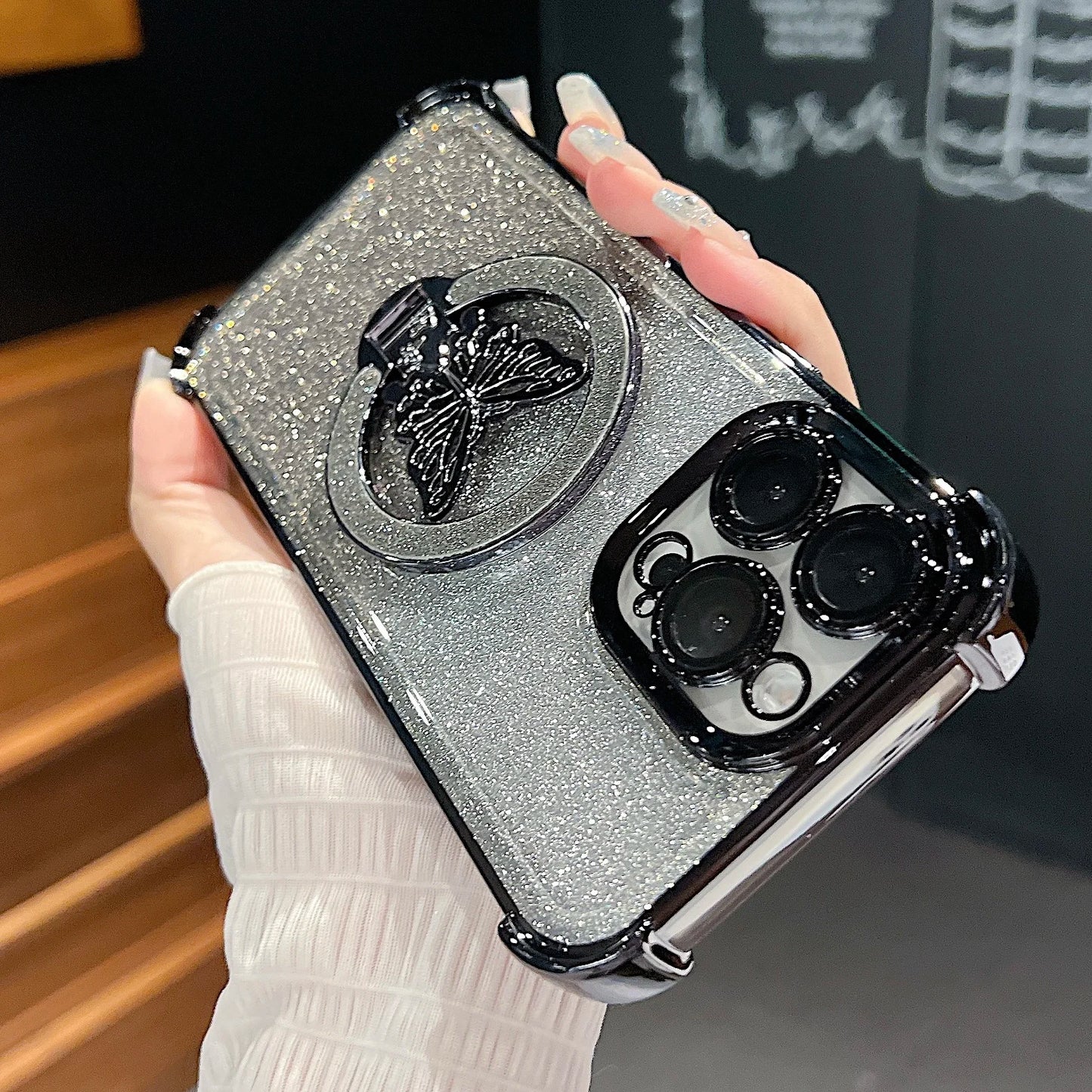 Luxury Butterfly Glitter Holder With Lens Film Phone Case For iPhone 11 12 13 14 15 16 Pro Max Plus Four Corner Anti Fall Cover