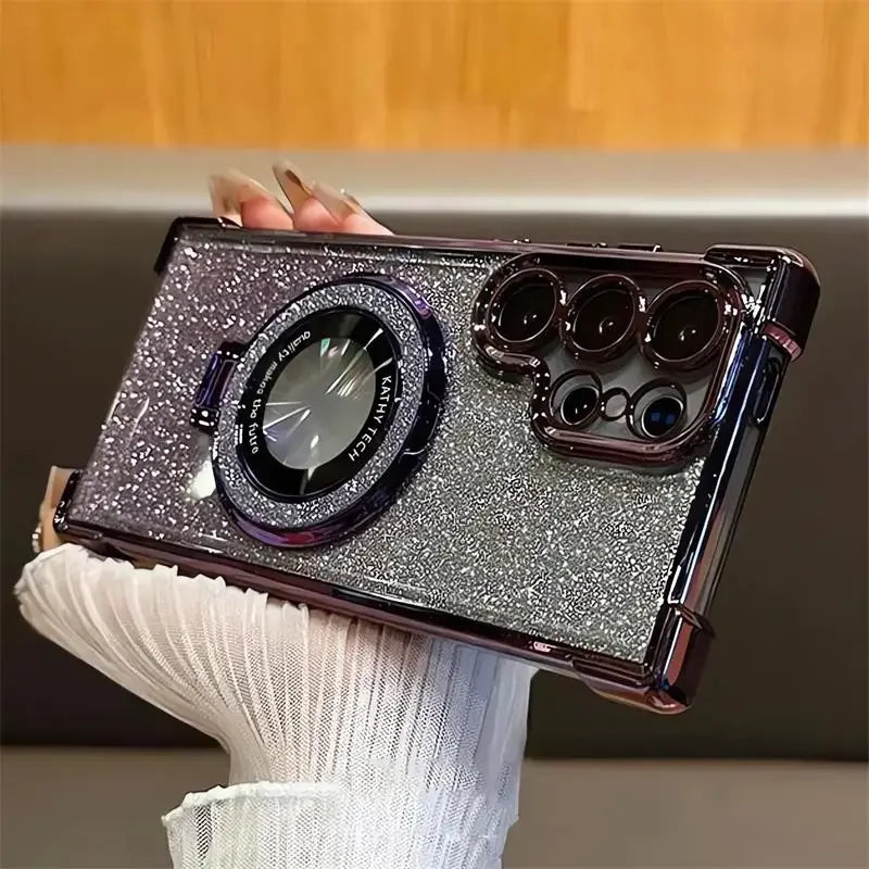 Luxury Magnetic Plating Stand Shockproof Glitter Case for Samsung Galaxy S25 Edge S24 Ultra S23 S22 Plus S21 S20 FE Clear Cover