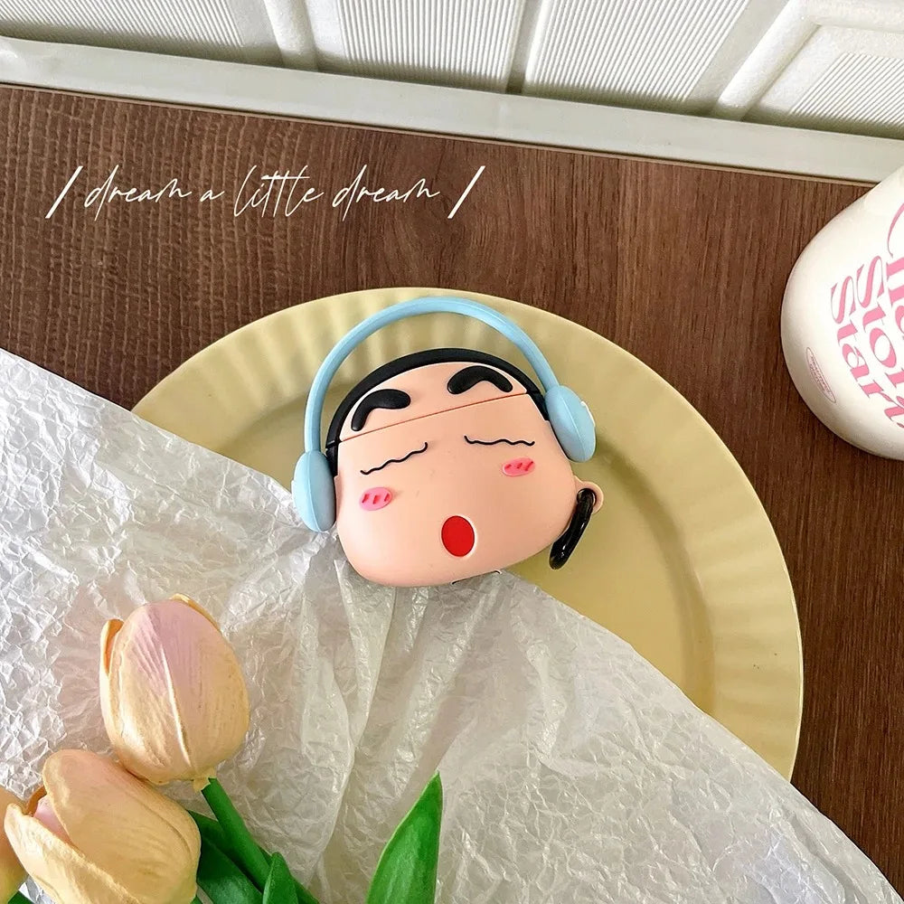 For Airpods 1 2 3 4 Pro Pro 2 Cartoon CrayonShin-chan Listen To Music Silicone Earphone Case Accessories Cover