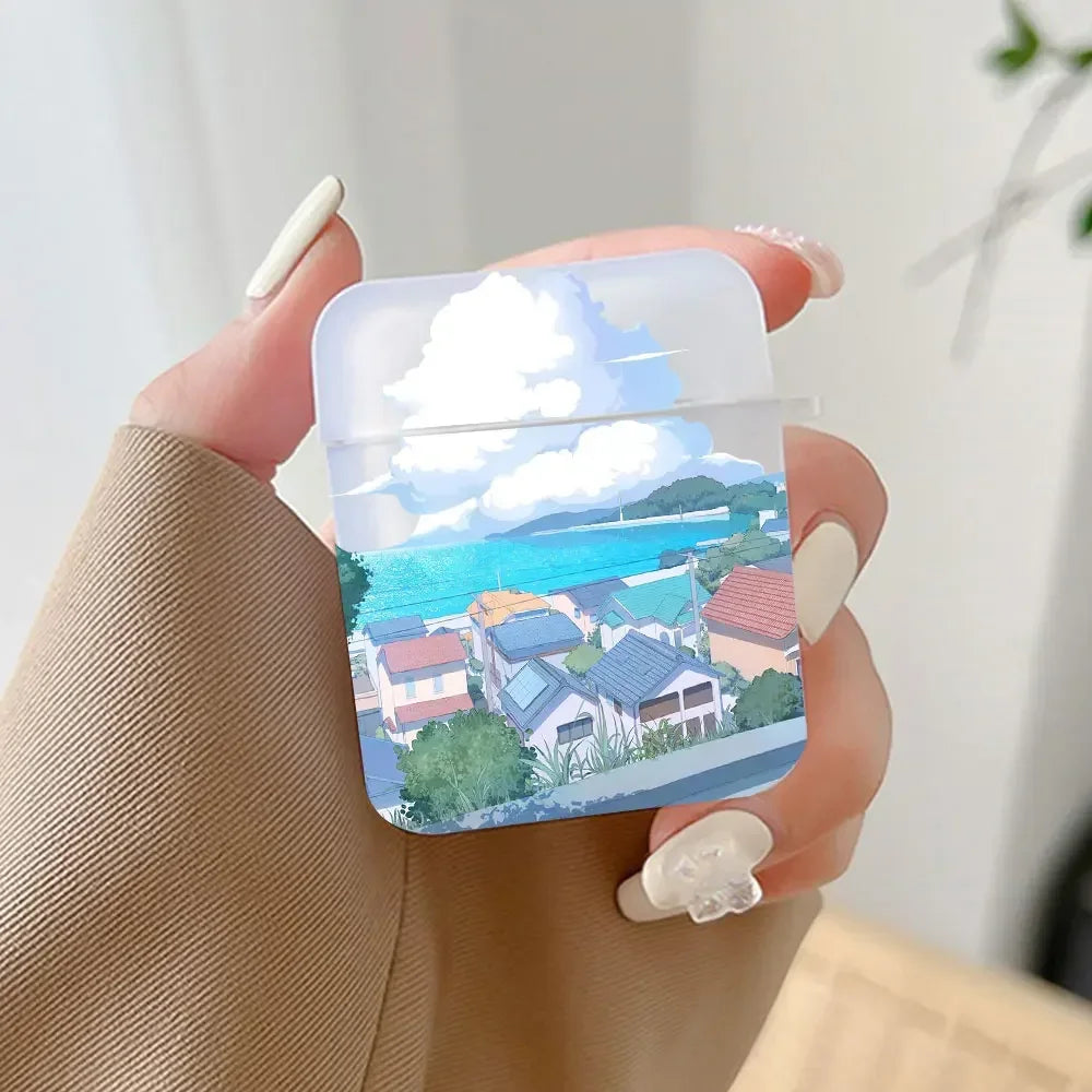 Korean Anime Sunset Scenery Print Earphone Case For Apple Air Pro 3 Transparent Cute Cover Soft Coque Airpods 2 1 4th Accessorie