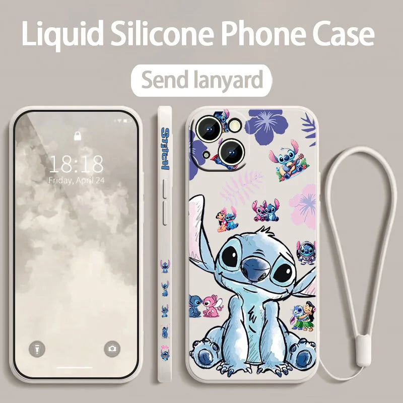 Stitch LOVE Flowers Cover For Apple iPhone 16 15 14 13 12 11 8 7 Pro mini Max Plus Liquid Left Rope Soft Phone Case