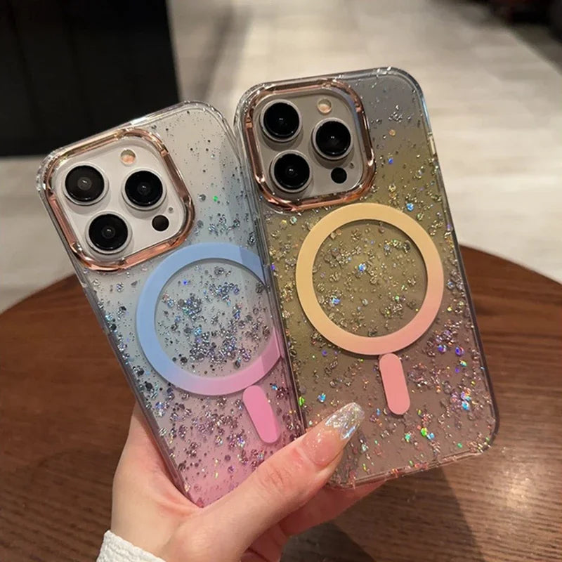Luxury Glitter for Magsafe Acrylic Case for iPhone 16 15 17 Pro Max 14 13 17 Air Magnetic Gradient Bling Hard Shockproof Cover