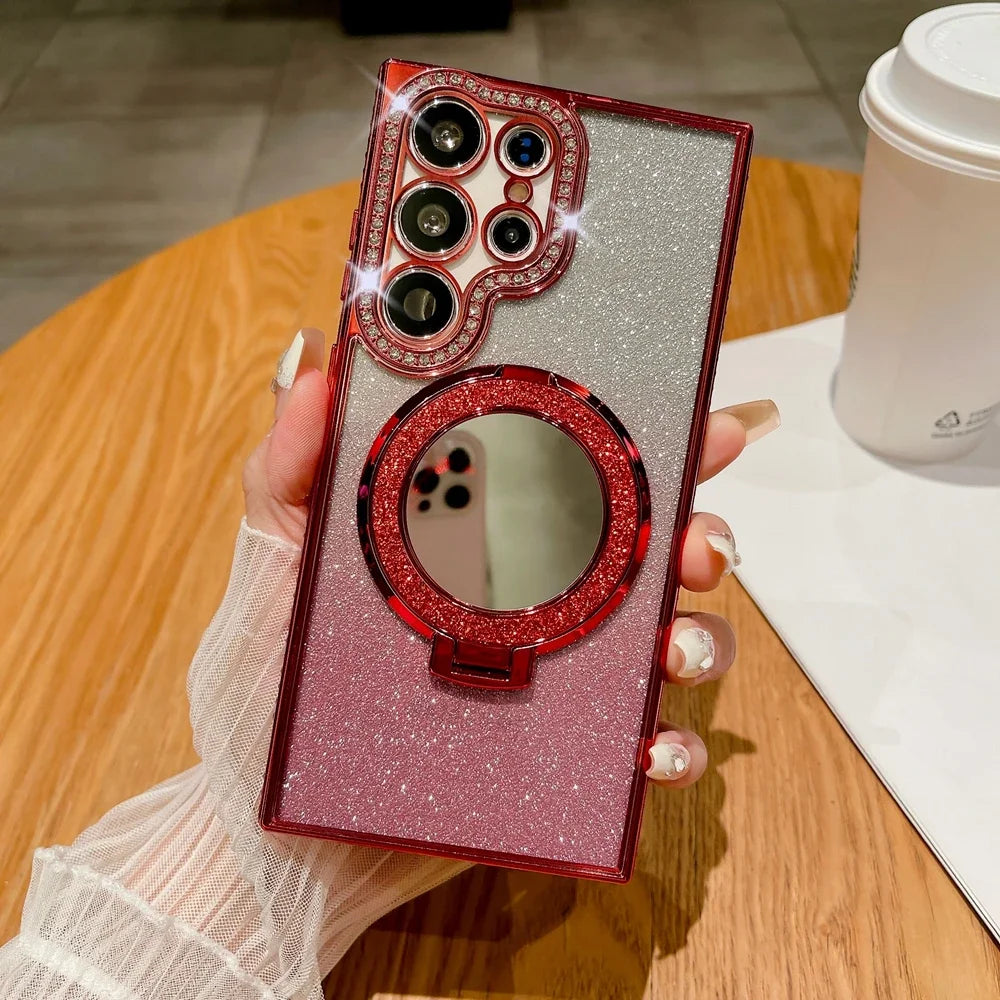 Luxury Diamond Clear Glitter Magsafe Case For Samsung Galaxy S25 S24 Ultra S23 S22 Plus Mirror Magnetic Phone Holder Stand Cover