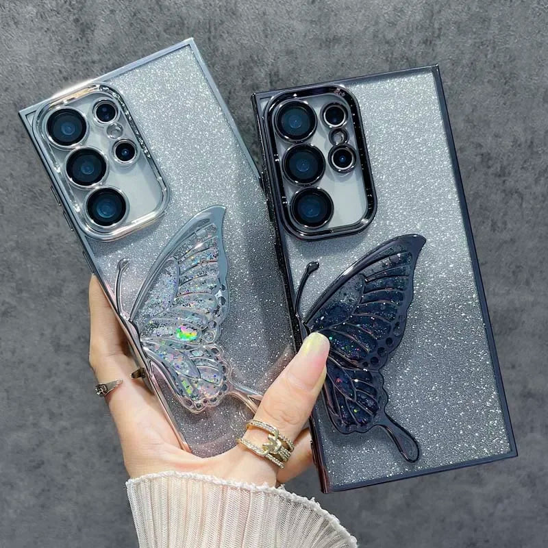 3D Glitter Butterfly Case for Samsung Galaxy S25 S24 S23 Plus Ultra FE A56 A36 A16 A06 A55 35 25 15 05S Clear Electroplate Cover