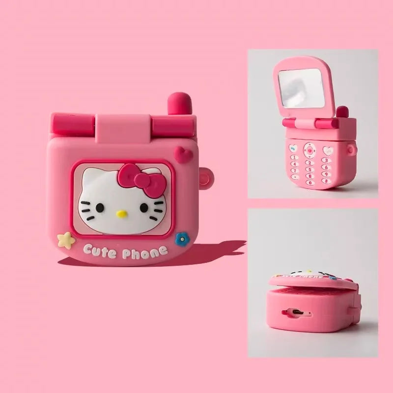 For AirPods 4 3 2 1 Pro Pro2 Earphone Case 3D Hello Kitty Retro CellPhone Silicone Cartoon Headphone Box With Mirror KT Cover