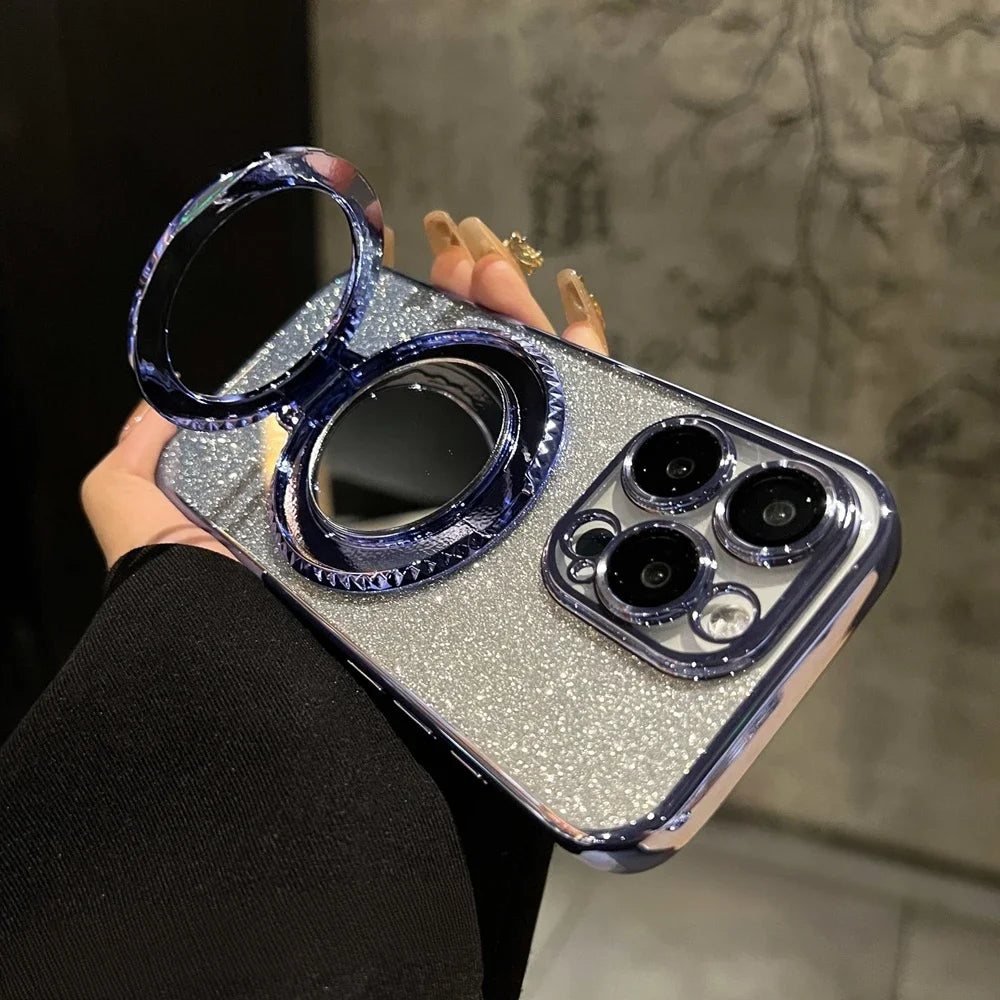for Magsafe Glitter Mirror Gradient Case for iPhone 15 14 13 11 12 16 17 Pro Max Air Xr Xs 16 Plus Bracket Stand Make Up Cover