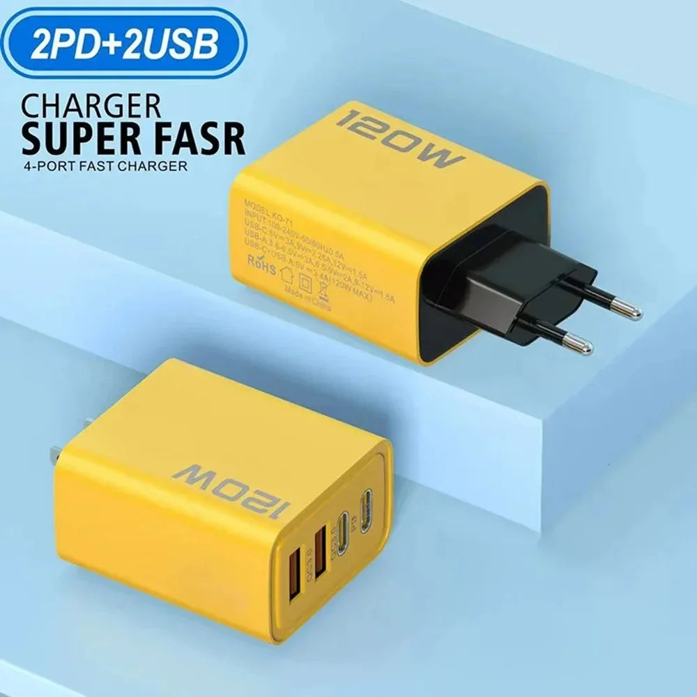 120W 4 Port USB Type C Charger Fast Charging Data Cable USB Phone Charger Adapter for Samsung iPhone Xiaomi Huawei Wall Charger