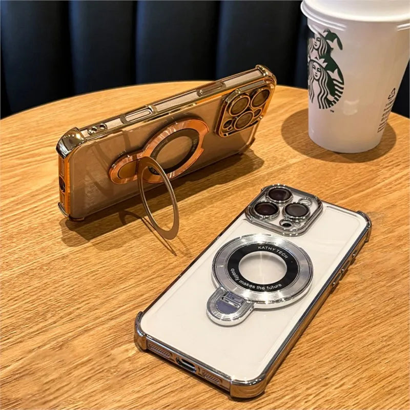Luxury Plating Magsafe Wireless Charge Case For iPhone 17 Air 16 15 14 13 12 11 Pro Max Plus Clear Magnetic Stand Holder Cover