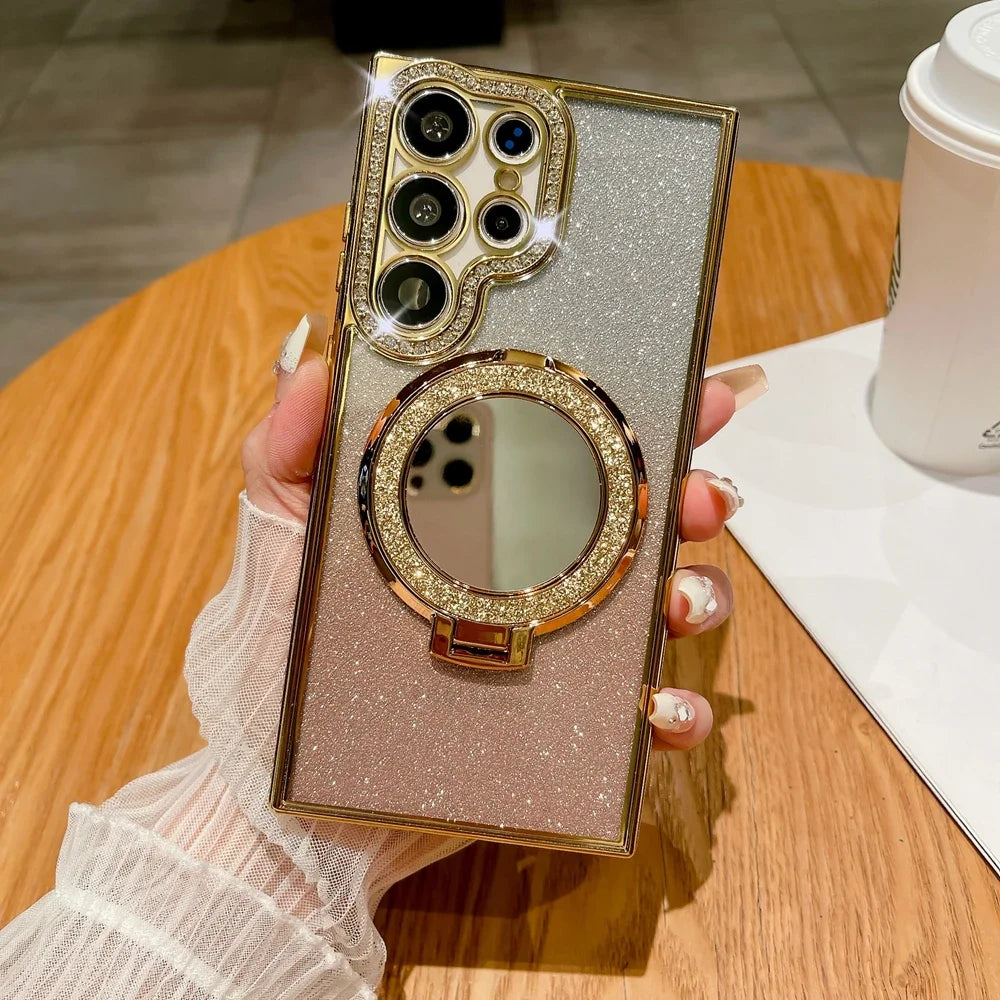 Luxury Diamond Clear Glitter Magsafe Case For Samsung Galaxy S25 S24 Ultra S23 S22 Plus Mirror Magnetic Phone Holder Stand Cover