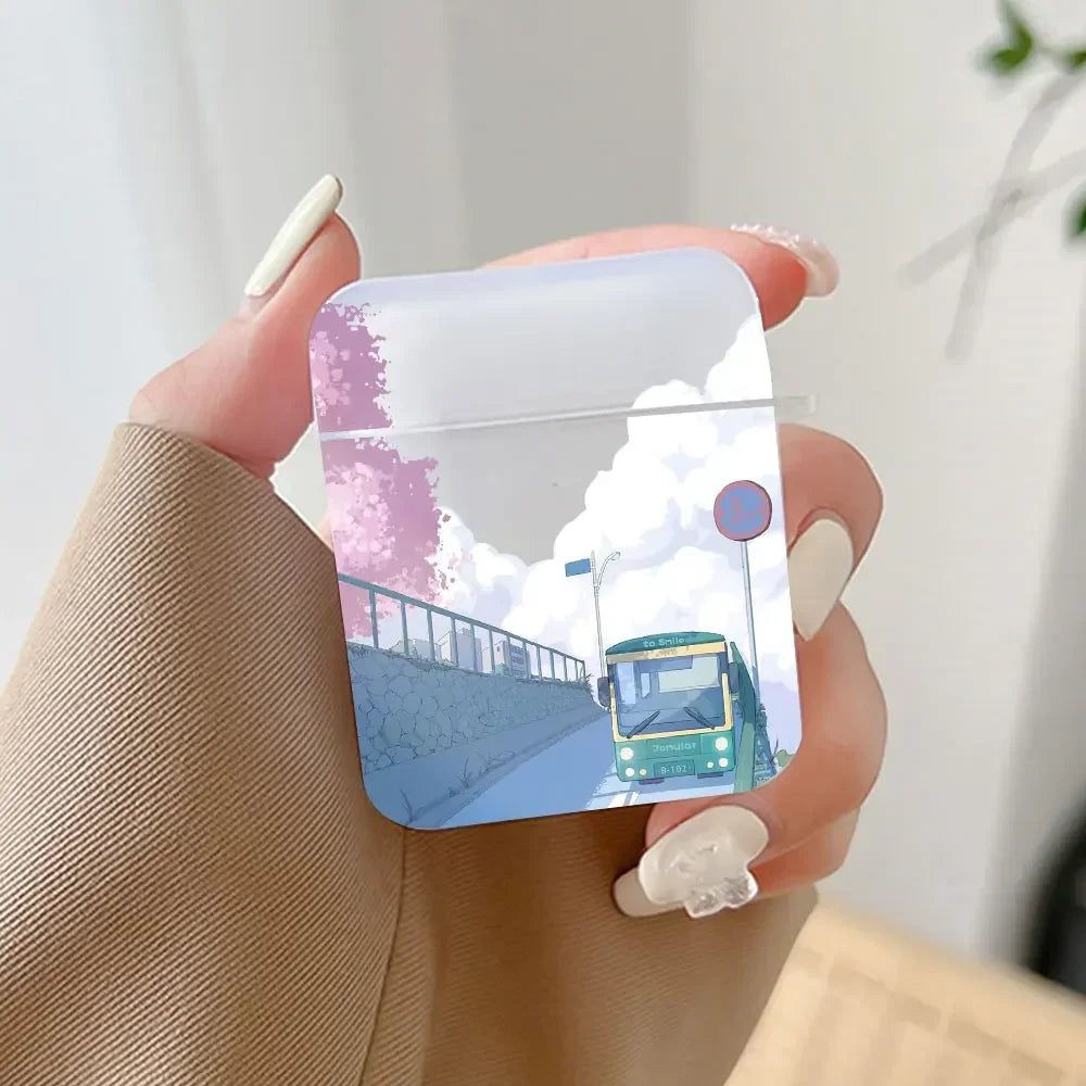 Korean Anime Sunset Scenery Print Earphone Case For Apple Air Pro 3 Transparent Cute Cover Soft Coque Airpods 2 1 4th Accessorie