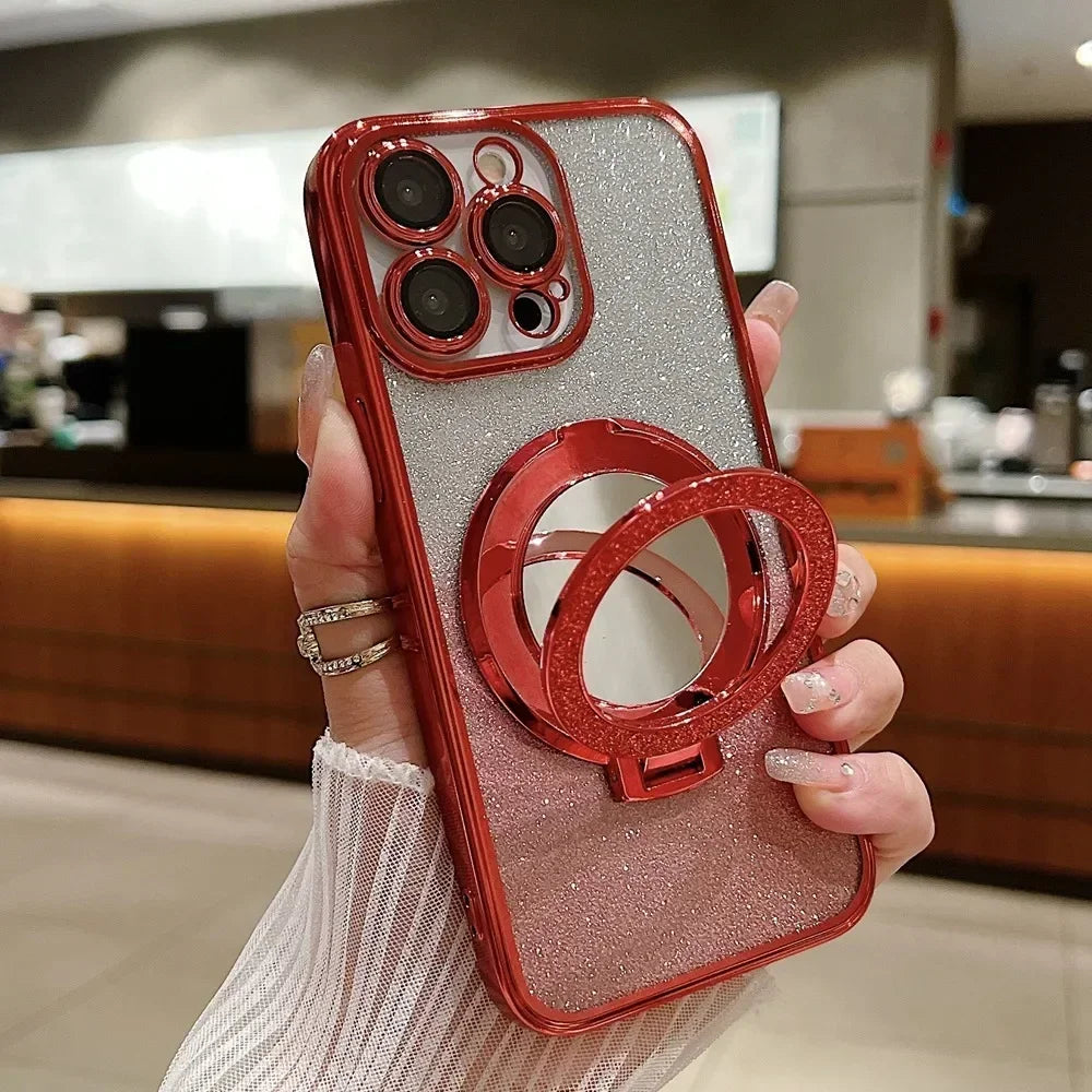 for Magsafe Glitter Mirror Gradient Case for iPhone 15 14 13 11 12 16 17 Pro Max Air Xr Xs 16 Plus Bracket Stand Make Up Cover