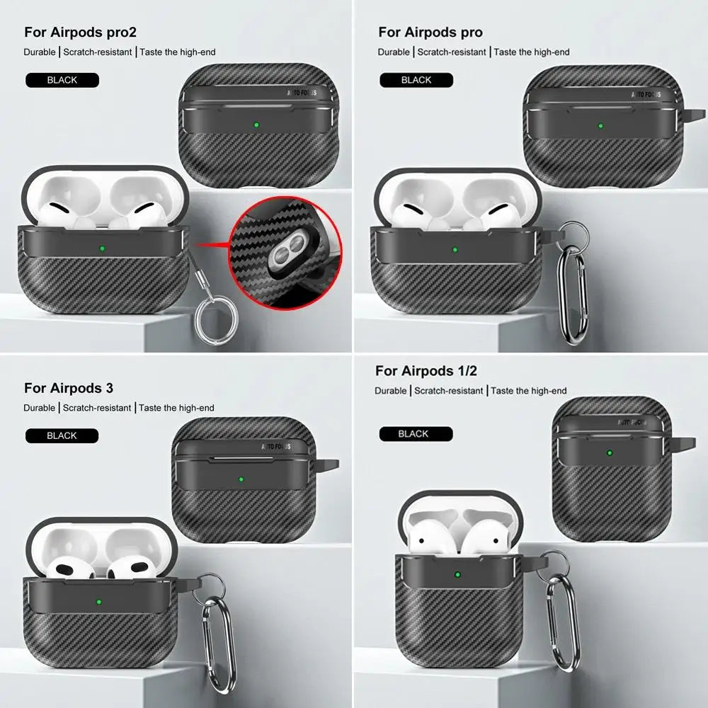 Waterproof Carbon Fiber Texture Silicone Earphone Case With Hook Loop For Apple Airpods Pro 2 Air Pods 3 Shockproof Funda Cover