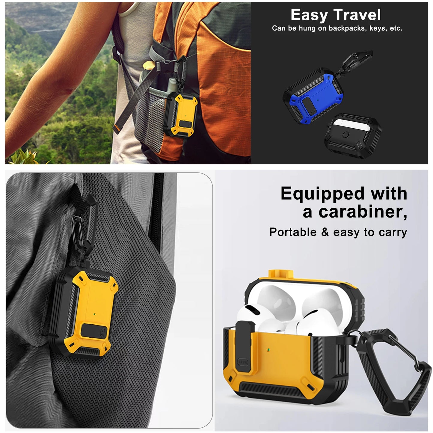 Portable Shockproof Case For Apple Airpods Pro/Pro 2 Carbon fibre Headset Cases With Carabiner Security Lock Cover Funda