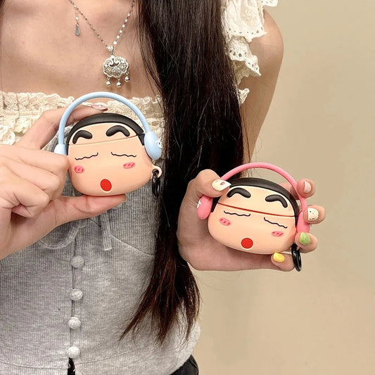 For Airpods 1 2 3 4 Pro Pro 2 Cartoon CrayonShin-chan Listen To Music Silicone Earphone Case Accessories Cover
