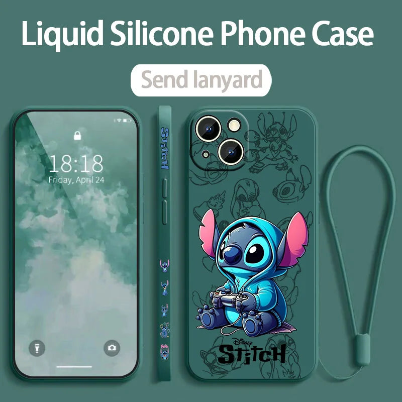 Stitch LOVE Flowers Cover For Apple iPhone 16 15 14 13 12 11 8 7 Pro mini Max Plus Liquid Left Rope Soft Phone Case